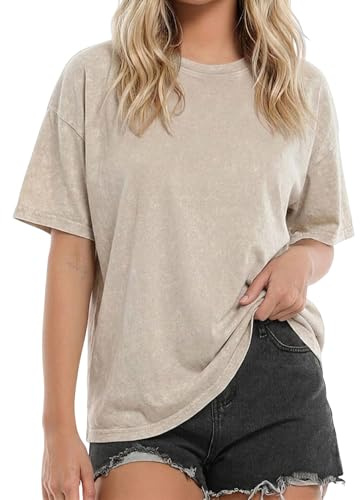 Cuptacc Tee Shirt Oversize Femme T Shirt Femme Coton Top Ete Haut Grande Taille Col Rond Manches Courtes Tshirt Apricot XXXL