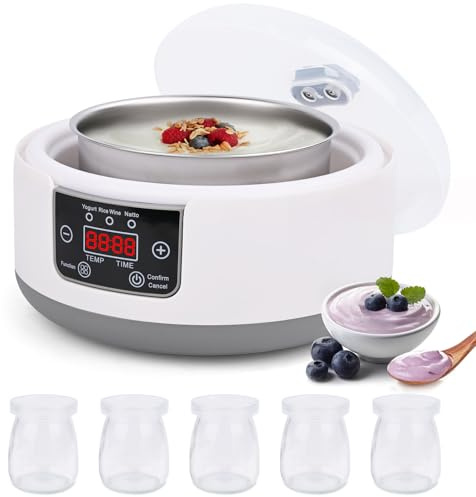 Joghurtbereiter, Griechischer Joghurtmaschine mit Temperatur, 5 Glasbehälter à 100 ml, zum Herstellen von selbstgemachtem und veganem Joghurt, Perfekt für den Heim Bio Joghurt, Käse, Natto Zubereiter