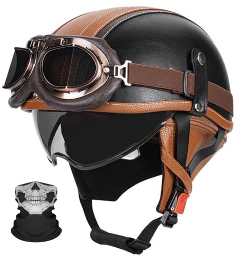 Retro Motorrad Jethelm Halbschalenhelm mit Brille, ECE 22.06 Halbhelm, für Damen und Herren, für Chopper Cruiser Roller Moped City Ride (C, M 55-56CM, Black+Copper Goggles)