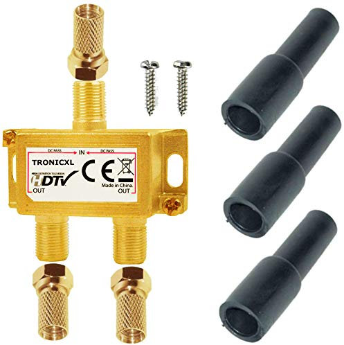TronicXL Sat Splitter 2-Fach HD tauglich digital Antennenverteiler TV Verteiler + F-Stecker Adapter mit Wetterschutz + DC-Durchlass kompatibel mit für DVBT DVBC Unitymedia Vodafone Kabelfernsehen