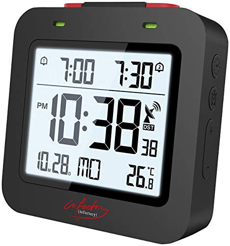 infactory Funkreisewecker: Digitaler Reise-Funkwecker mit Thermometer, Datum, Dual-Alarm, schwarz (Wecker Digital, Wecker Thermometer, Mehreren)