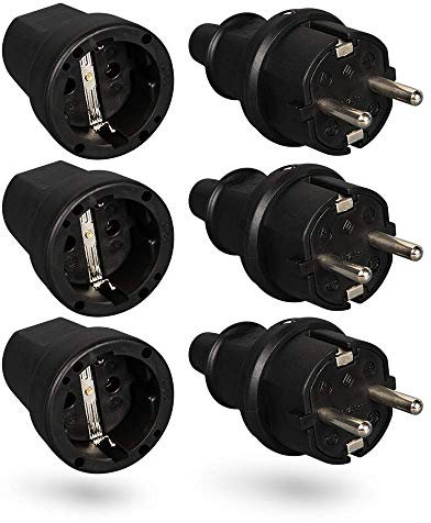 HEITECH Gummi Schutzkontakt Stecker & Kupplung - 3er Pack Schutzkontakt Set mit Knickschutz, schwarz, 250V, 16A, IP20 für Innenbereich - Vollgummi Schuko Stecker & Kupplung