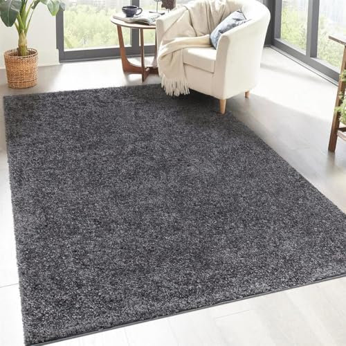 carpet city Shaggy Hochflor Teppich - 133x190 cm - Anthrazit - Langflor Wohnzimmerteppich - Einfarbig Uni Modern - Flauschig-Weiche Teppiche Schlafzimmer Deko