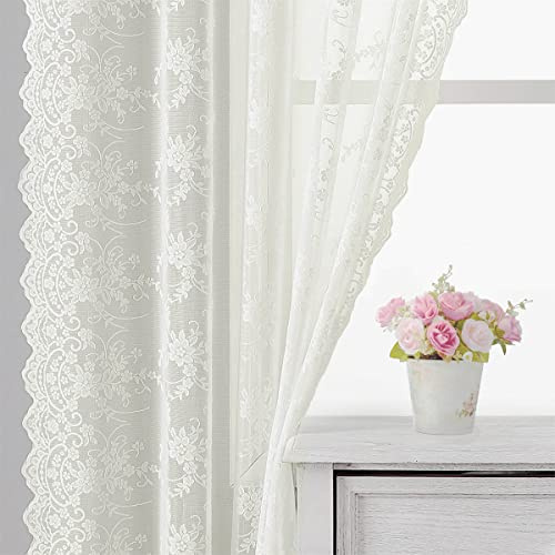 Kotile Vintage Lace Curtains Ivory/Cream - Tulle Branch Floral Embroidery Lace Sheer Curtains 84 Inch Length for Living Room, Scalloped Lace Curtain Panels for Windows, 52 x 84 Inch, 2 Panels, Ivory
