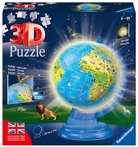 Ravensburger - Puzzle 3d Globo Terrestre Night Edition | Puzzle 3d Bambini A Partire Dagli 6 Anni | Modellismo Da Costruire Bambini Di 188 Pezzi | Regalo Bambino 6 Anni E Più