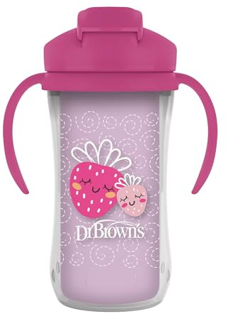Dr. Brown's milstolpar isolerad sippy kopp med sugrör och handtag, spillsäker tumlare med lock, rosa jordgubbar, 300 ml, BPA-fri, 12 m+
