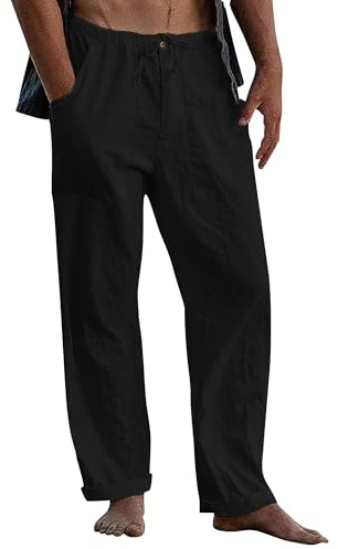 LVCBL Pantalon en Lin Hommes Été Automne Lâche Pantalon en Lin décontracté avec Poches Ceinture élastique
