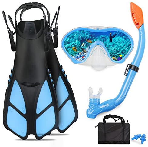 AosDero Set da snorkeling per bambini con pinne, maschera panoramica da snorkeling Dry Top con tappi per le orecchie, attrezzatura per lo snorkeling per bambini, ragazzi, ragazzi e ragazze dai 5 ai 12
