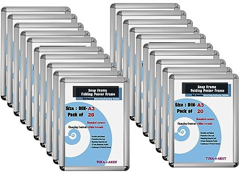 TUKA-i-AKUT 20er Aluminium Klapprahmen A3 | 25 mm Profil | Abgerundete Ecken | Schutzscheibe Befestigungsmaterial | Plakatrahmen Wechselrahmen Schnapprahmen Aufklappbar, Silber Farbe TKD8421-A3-20X