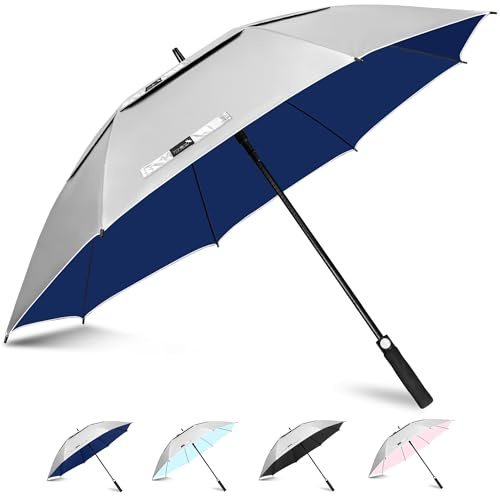 ZOMAKE UV Golf Umbrella for Sun Protection,Large Sun Umbrella Windproof and Rainproof Strong UPF 50+,Reflective Golfing Brolly 54In Unbreakable for Men Women (Silver/Navy Blue)
