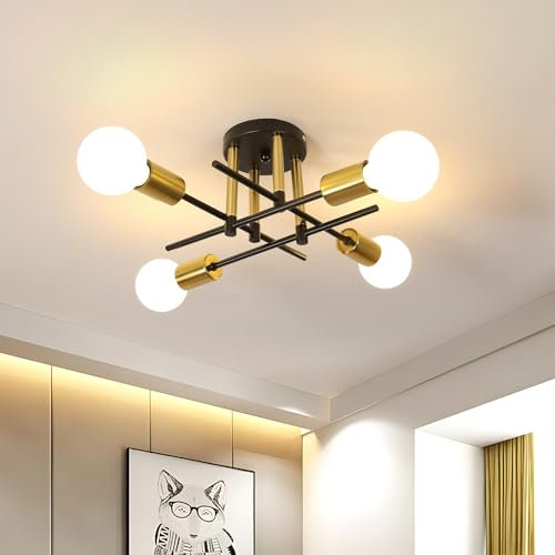 Pheashine Modern Chandeliers Ceiling Light Living Room, 4-Light Semi Flush Mount Ceiling Lights with E27 Base, Industrial Vintage Ceiling Lighting Fixture for Kitchen, Bedroom, Dining Room