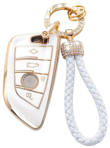 Misuyue BMW Schlüsselhülle, Autoschlüssel Hülle für BMW X1 X2 X3 X5 X6 1 2 3 5 6 7 Series, 4 Tasten TPU B-MW Key Cover + Lederanhänger Schlüsselanhänger (weiß)