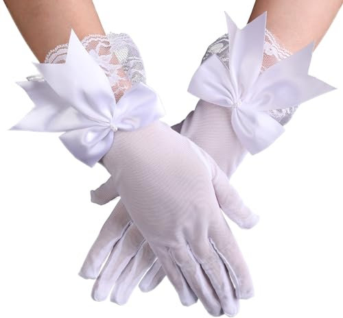 Sliverdew Damen Spitzenhandschuhe Weiß Spitzen Handschuhe Kurze Braut Handschuhe Vintage Net Rüschenhandschuhe mit Schleife Mädchen Abend Hochzeit Abschlussball Halloween Party Kostüm Zubehör