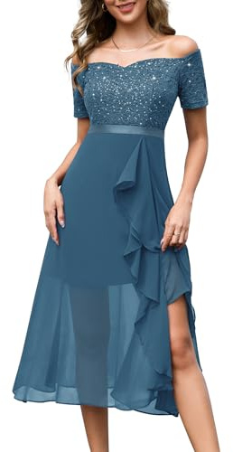 Berylove Vestido de noche para mujer, largo, brillante, vestido de cóctel, elegante, para bodas, hombros descubiertos, vestido de baile, azul grisáceo, L