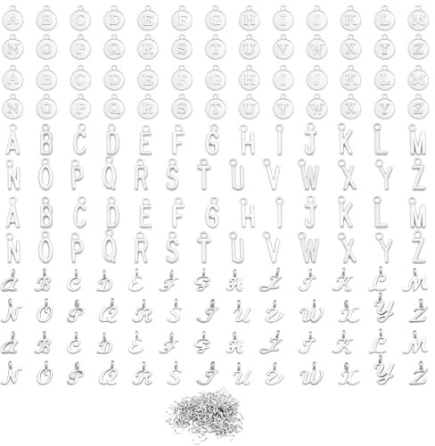 156 Stück Alphabet Anhänger, 3 Schriftarten A-Z Buchstaben Anhänger Silberne Großbuchstaben Anhänger Buchstaben Abstandshalter Anhänger für Halsketten, Armbänder, Schmuck, DIY, Basteln