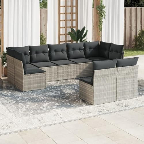 Homgoday Juego de 9 sofás de jardín con cojín, salón de balcón, muebles de jardín, sofá de jardín, balcón, sofá, sofá, salón, balcón, muebles de jardín, juego de jardín, gris claro, poliratán, # A