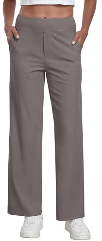 GRECERELLE Pantalones de pierna ancha para mujer, estilo informal, elásticos, ligeros, para oficina, trabajo, salir, con 2 bolsillos laterales, Grigio Chiaro Di Luna, XL