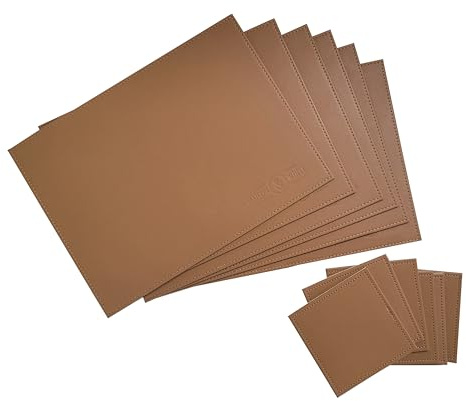 12 Piece Faux Leather Table Set | 6 Placemats & 6 Coasters | Party Place Mats by M&W (Brown)
