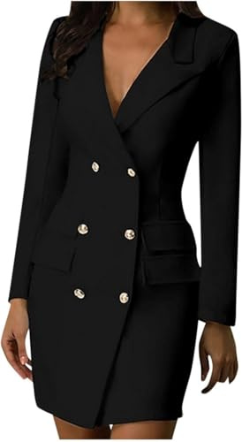 Vestido de Chaqueta para Mujer Elegante botón de Manga Larga Blazer de Color sólido Moda Oficina de Negocios Vestidos de Chaqueta con Doble Botonadura Delgados (Negro,XXL)