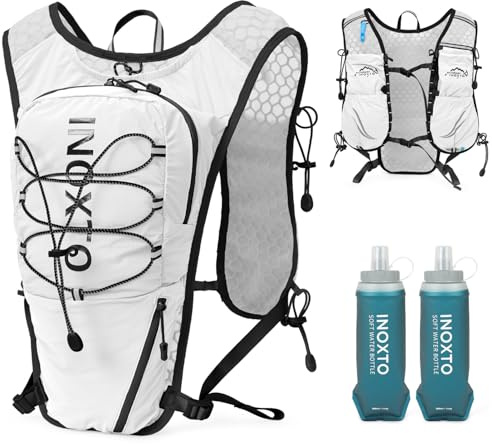 IX INOXTO Running Vest for Women Men, Adjustable Chest Straps Running Hydration Vest with 500ml Soft Flask, Lightweight Breathable Reflective Hydration Backpack for Hiking (White)
