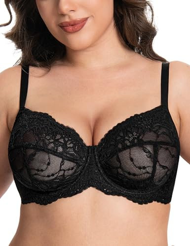 Deyllo Women's Plus Size Bra Full Coverage Minimizer Lace See Through Non Padded Unlined Underwired for Heavy Breasts(Black,40G)