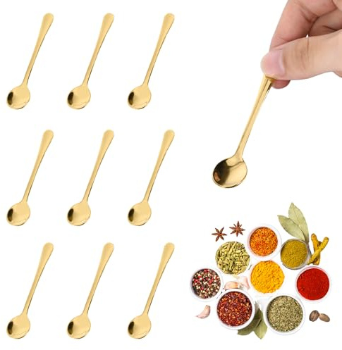 10 cucchiai piccoli in acciaio inox per barattoli di spezie, cucchiaini da caffè dorati, 7,5 x 1,5 cm, cucchiaini da caffè, dolci, per caffè, miele, sale, zucchero e spezie