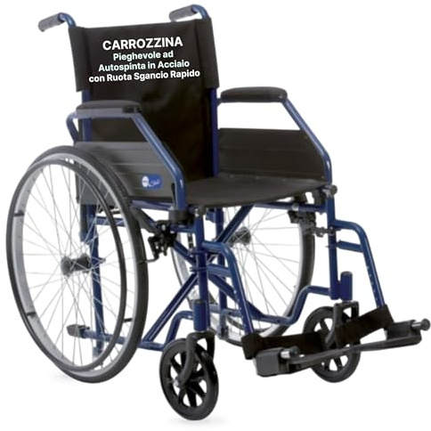 REMEDIA ONE - Sedia a Rotelle Pieghevole Leggera ad Autospinta, Carrozzina per Disabili in Acciaio con Ruote a Sgancio Rapido - Seduta 45 cm, Blu
