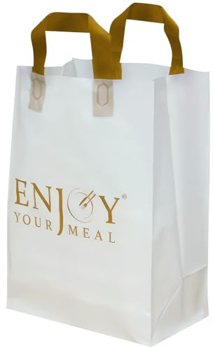 NEW LEADER Sacs en plastique avec poignées et fond en carton, grands sacs de transport pour gilets, sacs de livraison de nourriture pour restaurants et plats à emporter, sac de transport en plastique