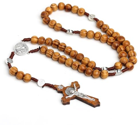 YAZWUR Collier de chapelet catholique avec perles de prière en bois naturel et pendentif croix de Saint-Benoît avec Jésus-Christ. Idéal pour les sacrements catholiques, baptêmes.