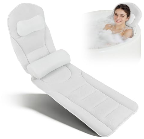 Almohada de Baño de Cuerpo Completo, Cojín para Bañera 131 x 38 cm con Reposacabezas y Soporte Lumbar Extraíble, Sujeta el Cabeza Cuello Espalda, Secado Rápido, Agradable para la Piel(Blanco)