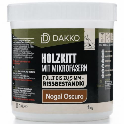 DAKKO Masilla para madera 1 kg, Nogal oscuro – Masilla reparadora con fibras de bambú para daños y grietas en muebles y puertas, interior y exterior, secado rápido, resistente al agrietamiento