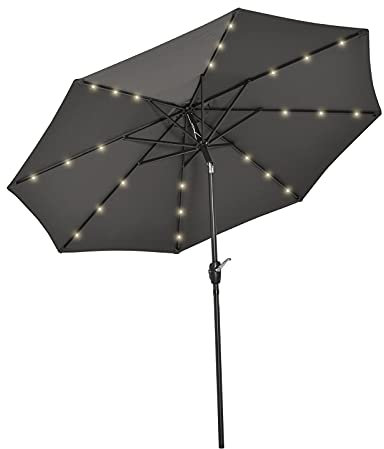 Outsunny Φ2.7m Garden 24 LED Light Parasol Solar Outdoor Tilt Sun Umbrella Patio Club Party Event Manual Sun Shade w/Hand Crank and 8 Ribs, Grey