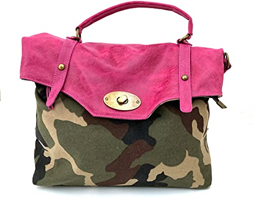 Superflybags Borsa a mano In Vera Pelle Camoscio + Tessuto Mimetico modello DAKOTA Made In Italy