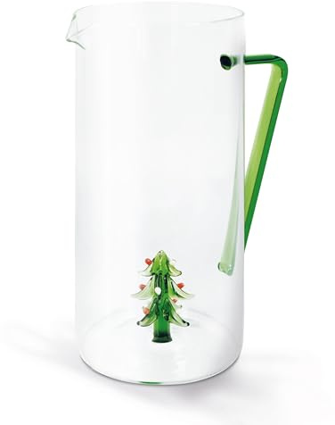 Brocca in vetro borosilicato con manico colorato in confezione regalo. Capacità: 1,2 litri. Figurina: Albero di Natale