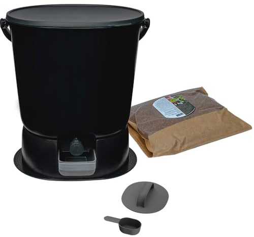 Skaza- Compostador de Cocina de plástico Reciclado, BOEssential+Base 15,3L Negro y Gris