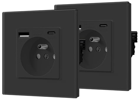BSEED Prise Murale en Verre avec USB C et Type C Alternatif - Multiprise 2.1A 16 Amp 240V 86mm Noir