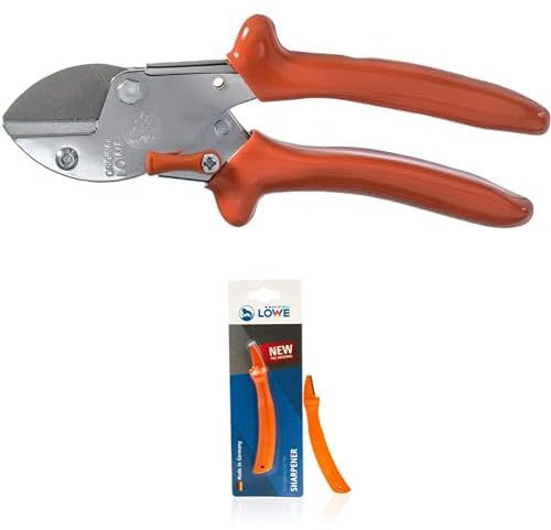 Original LÖWE Set bestehend aus Profi Amboss Gartenschere 5.107 zum Schneiden von Obstbaum, Apfelbaum oder Birnenbaum & Klingenschärfer 0022 für Gartenscheren und Industriescheren