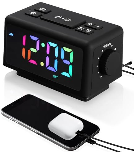 Digital Radiowecker mit 2 Weckzeiten,Kinder Radiowecker mit Licht,RGB-Farbiger Wecker für Schlafzimmer,FM Radio mit Wochentag, mit Timer,Kompaktuhr für Nachttisch,USB Ladeausgang und Nachtlicht