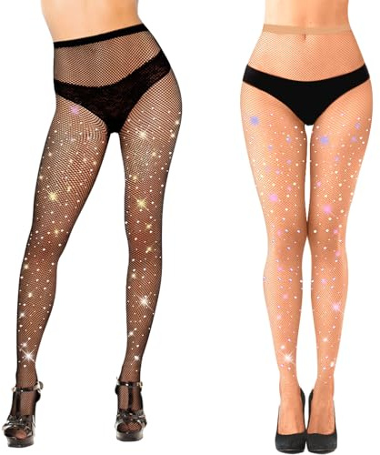 2 Pairs Black Fishnet Tights for Women, Glitter Sexy Cross Mesh Tights | High Waist Fishnet Stockings for Women Dancing Party