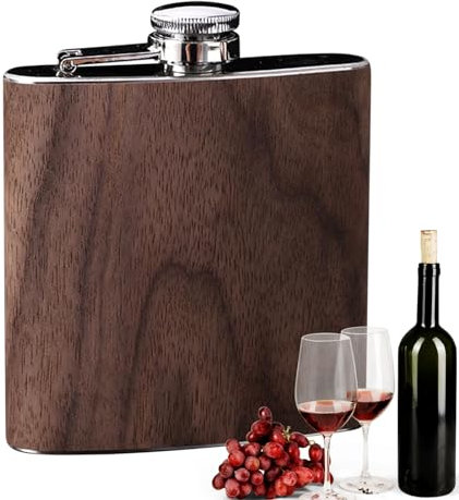 Fiaschetta per vino, fiaschetta per bourbon in acciaio inossidabile da 6 once, fiaschetta per liquore alcolico con coperchio in venature del legno, tanica per alcol in acciaio resistente alla ruggine,