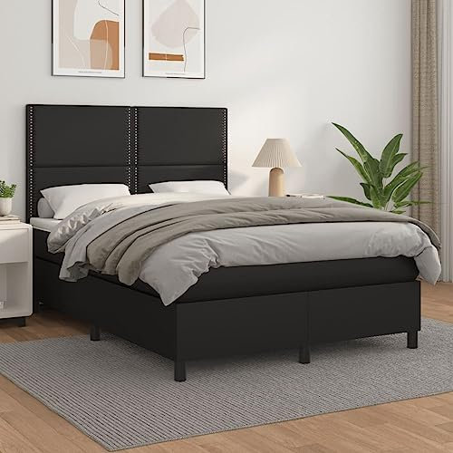 Willood Boxspringbett mit Matratze Kunstlederbett Polsterbett Bettgestell Bettrahmen Lattenrost Bett Hotelbett Schlafzimmerbett Schwarz 140x200cm Kunstleder Flach mit Nägeln
