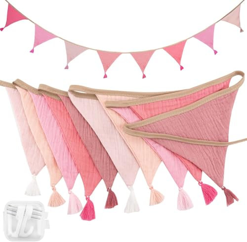Girlande Wimpelkette Kinderzimmer, 2.6m Musselin Baumwolle Stoff Wimpelkette mit Quasten, Babyzimmer Deko Wimpel, Wetterfest Wimpelkette Outdoor Kinderzimmer für Mädchen und Junge (A)