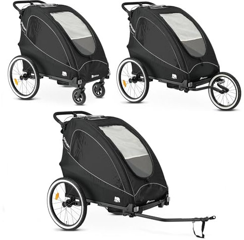 Deryan Lujo 3 en 1 Remolque para bicicleta para 2 niños – Remolque para bicicleta, cochecito y Jogger – Silla multifuncional con cinturón de 5 puntos – Negro