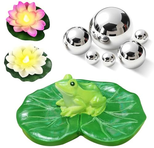 TaimeiMao Schwimmende Teichdeko Miniteich Set 6 Schwimmkugeln Edelstahl + 2 Seerosen Künstlich + schwimmfrosch Deko Wasserspiel & Schwimmende Dekoration Für Brunnen, Gartenteich, Balkon, Außenbereich