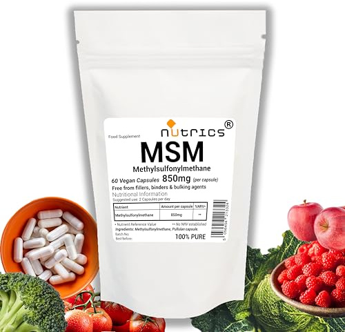 Nutrics® 850mg (per Capsule) MSM Methylsulfonylmethane Sulfur Supplement 60 Vegan Capsules - 100% Pure - Free from fillers, Binders & Bulking Agents (60 V Capsules)