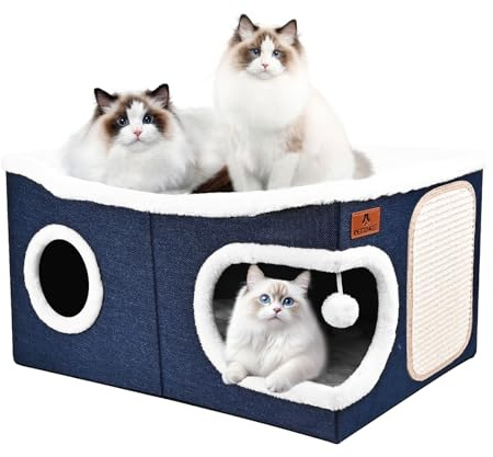 Extra-Wide Cat Beds for Indoor Cats, Large Cat Cave Bed with Scratch Pad and Fluffy Ball, Foldable Cat Hideaway with Reversible Cushion for Multi Small Pet Large Kitty, 60D x 43W x 32H cm, Blue