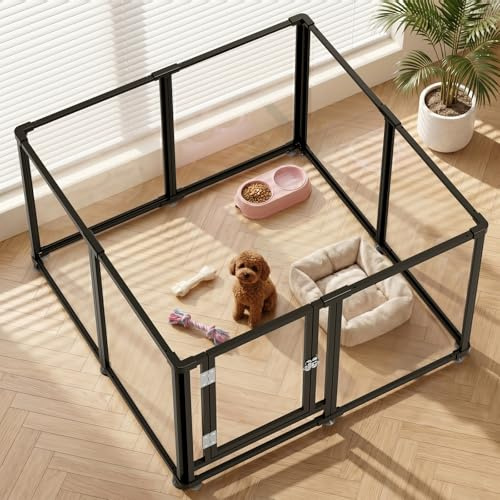Homelio Clear Acrylic Dog PlayPen, Puppy pen Indoor & Outdoor | H:60cm, 8-Panels , Stackable to increase height,Metal Pet Fence whit door, Durable and Easy to Clean, For Medium Dogs,Kitten