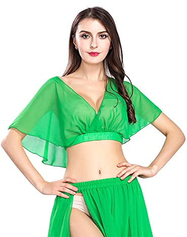 ROYAL SMEELA Magdans topp sexig dans chiffong topp magdans kostym kvinnor dansare övning prestanda godis färg magtoppar kvinnor magdans kläder V-ringad träningstopp, gRÖN, One Size