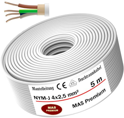 MAS-Premium Câble d'alimentation NYM-J pour pièces humides - De 5 à 100 m - Câble gainé NYM-J 4 x 2,5 mm² - Avec anneau pour pose fixe (5 m)