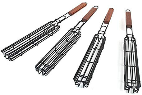 Yicare Lot de 4 paniers de barbecue antiadhésifs pour kebab, brochettes carrées en maille avec poignée en bois pour rôtir, viande, légumes, saucisses